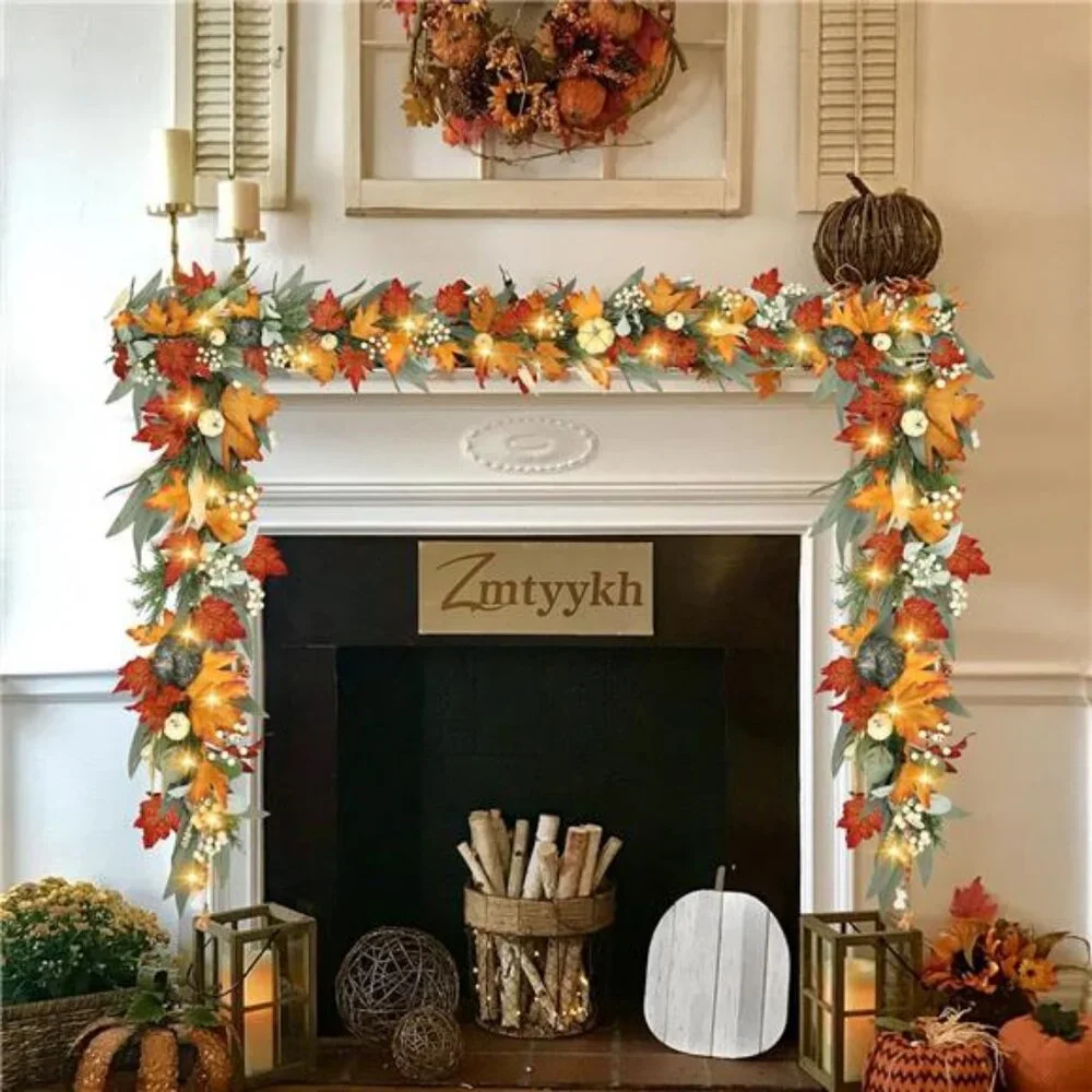 Realistic Fall Garland for Mantle 6 Ft Fall Maple Leaves Garlands with Lights
